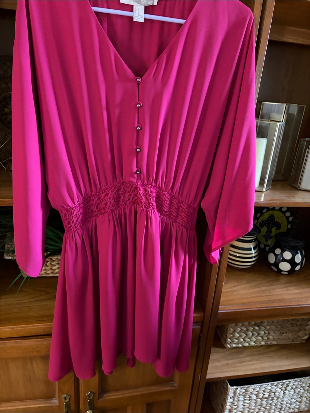 Forever 21 Hot Pink Button-Front Pleated Waist Dress
